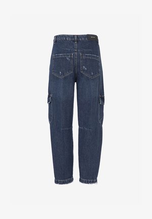 Blauwe denim cargobroek met een losse pasvorm, voorzien van twee zijzakken, distressed details en rafelige zoom bij de boorden.