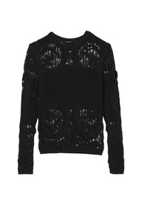 Schwarzer Strickpullover mit einem aufwendigen Spitzenmuster, runder Ausschnitt und langen Ärmeln; strukturiert mit offenen Strickdetails und solidem Körper.