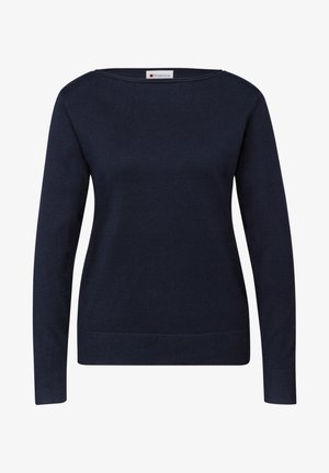 Donkerblauwe trui met lange mouwen, ronde halslijn en geribde zoom. Gemaakt van zacht gebreid materiaal met een gladde textuur. Geen patronen of accenten.