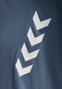 Tissu bleu avec quatre chevrons blancs inclinés disposés verticalement, probablement une partie du design d'un vêtement de sport.