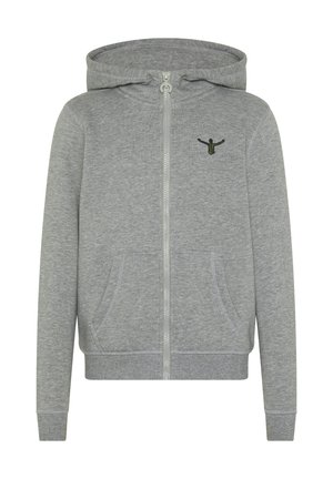Grauer Reißverschluss-Hoodie aus weichem Material, mit Kapuze, Fronttaschen und einem kleinen gestickten Design auf der Brust.