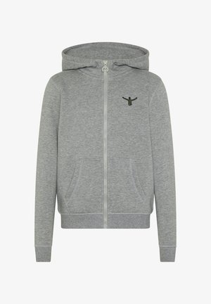 Grauer Reißverschluss-Hoodie aus weichem Material, mit Kapuze, Fronttaschen und einem kleinen gestickten Design auf der Brust.