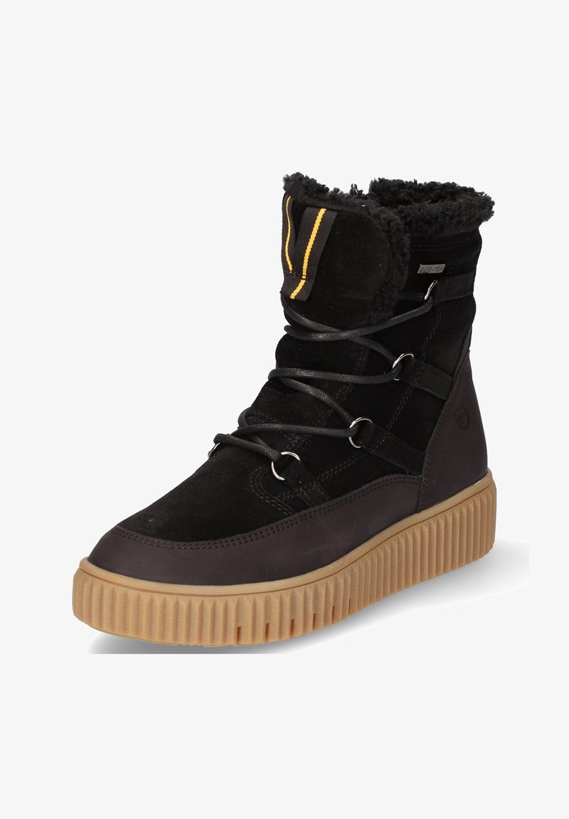 Botte d'hiver noire avec semelle en caoutchouc marron clair, doublure en fourrure, devant à lacets et languette à rayures jaunes en haut.