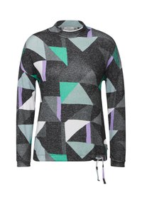 Langsleeve trui met zwarte, grijze en kleurrijke geometrische patronen, een trekkoordzoom en een hoge hals. Gemaakt van gestructureerde stof.