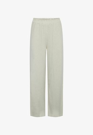 Light beige linen wide-leg pants with an elastic waistband, featuring front pleats, smooth texture, and casual, flowing silhouette.