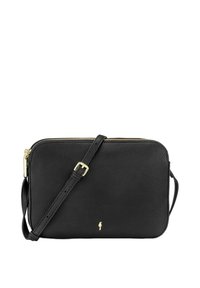 Czarna skórzana torebka typu crossbody o teksturowanej powierzchni, złotym suwakem, regulowanym paskiem oraz małym logo z przodu. Kompaktowy prostokątny kształt.