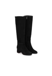 Black suede knee-high boots with a block heel, featuring a smooth texture and a side zipper detail for easy wear.