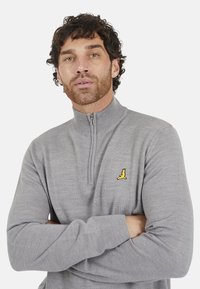 Szara bluza z zamkiem błyskawicznym, posiadająca wysoki kołnierz, prążkowane mankiety oraz małe logo żółtego ptaka na lewej piersi. Miękka, dziana tekstura.