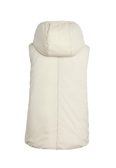 Steppweste in Off-White mit einer weichen, gepolsterten Textur, ausgestattet mit einer runden Kapuze und einem geraden, verlängerten Rückendesign.
