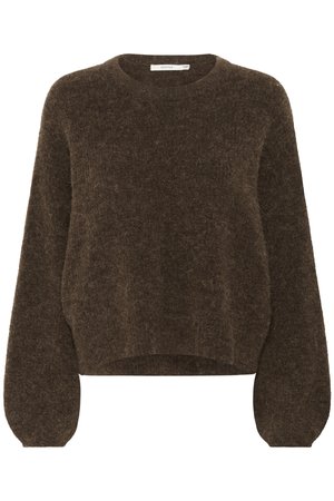 Brun strikket genser med løs passform, rund hals, lange pufferm, og mykt, teksturert stoff. Korte lengde.