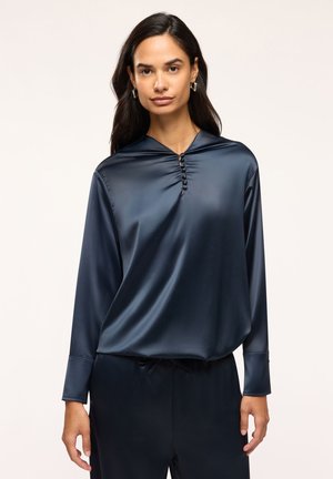 Terranova, CAMICIA IN SATIN CON COLLO COREANO E ARRICCIO - Camicetta - blu scuro