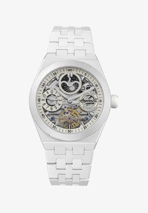 White automatic watch with a skeleton dial revealing gears, a textured silver face, and a link bracelet design. Features bold hour markers.