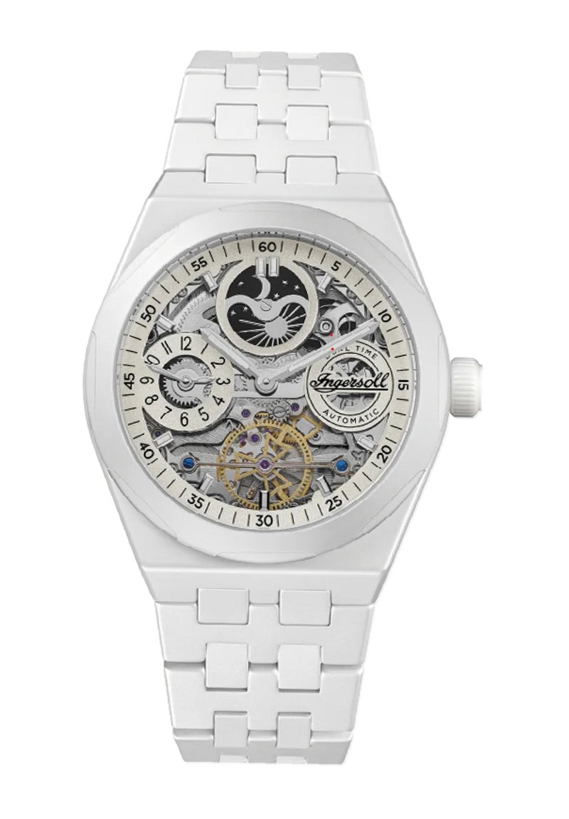 Witte automatische horloge met een skeletwijzerplaat die tandwielen onthult, een gestructureerde zilveren wijzerplaat en een schakelschakelband. Heeft gedurfde uurmarkeringen.