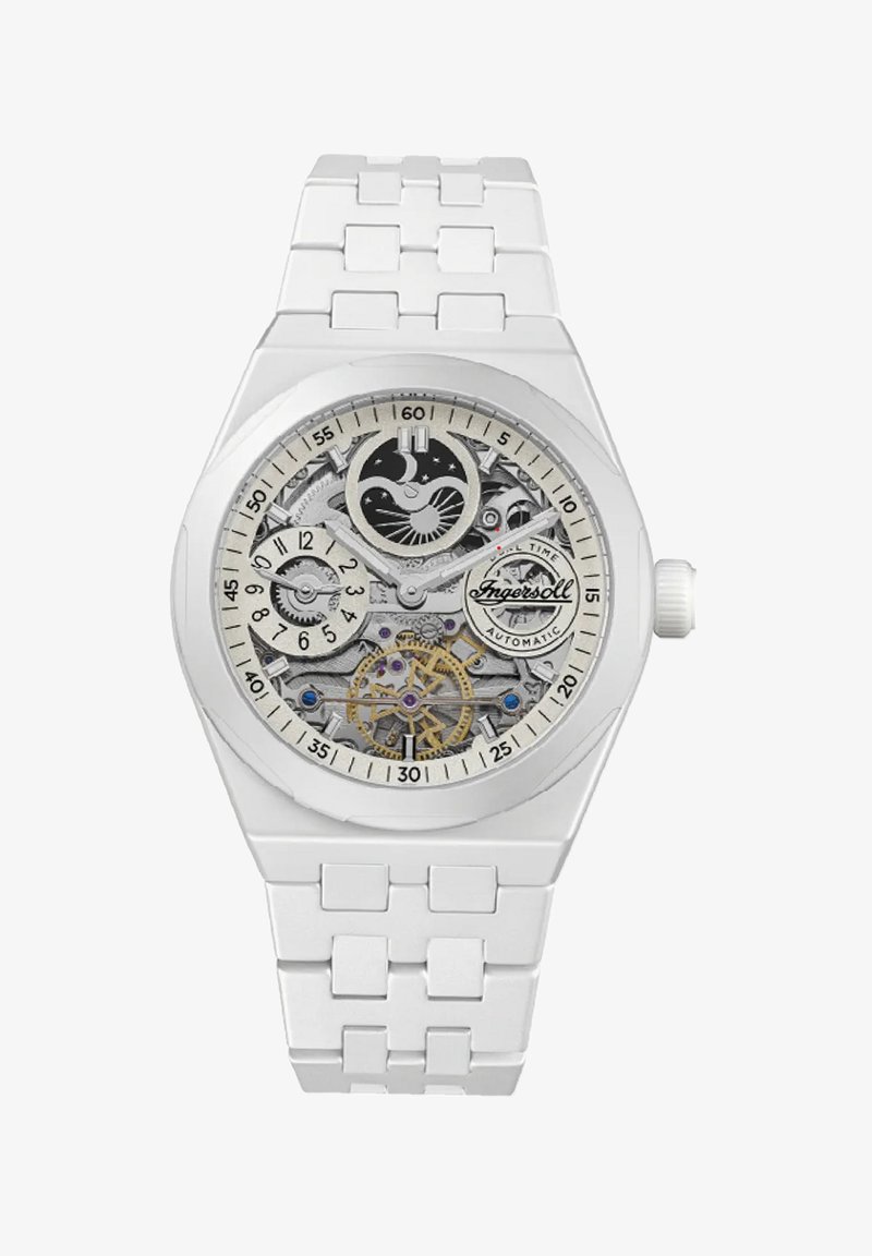 Witte automatische horloge met een skeletwijzerplaat die tandwielen onthult, een gestructureerde zilveren wijzerplaat en een schakelschakelband. Heeft gedurfde uurmarkeringen.