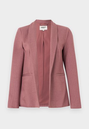 Blazer rose en tissu lisse, texture en chevrons, revers crantés, deux poches avant et fermeture à un bouton.