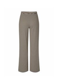 Pantalons rayés avec une texture côtelée, présentant des rayures alternées marron foncé et crème, une coupe décontractée et une taille élastique.