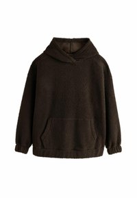 Brązowy polarowy hoodie o teksturowanej powierzchni, z długimi rękawami, przednią kieszenią i kapturem bez sznurków. Prosty, oversize'owy fason.