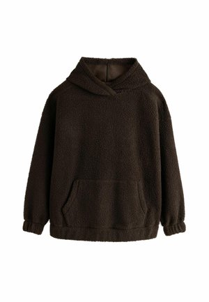 Brauner Fleece-Hoodie mit strukturiertem Oberflächen, langen Ärmeln, einer Vordertasche und einer kapuzenlosen Kapuze. Einfaches, übergroßes Design.