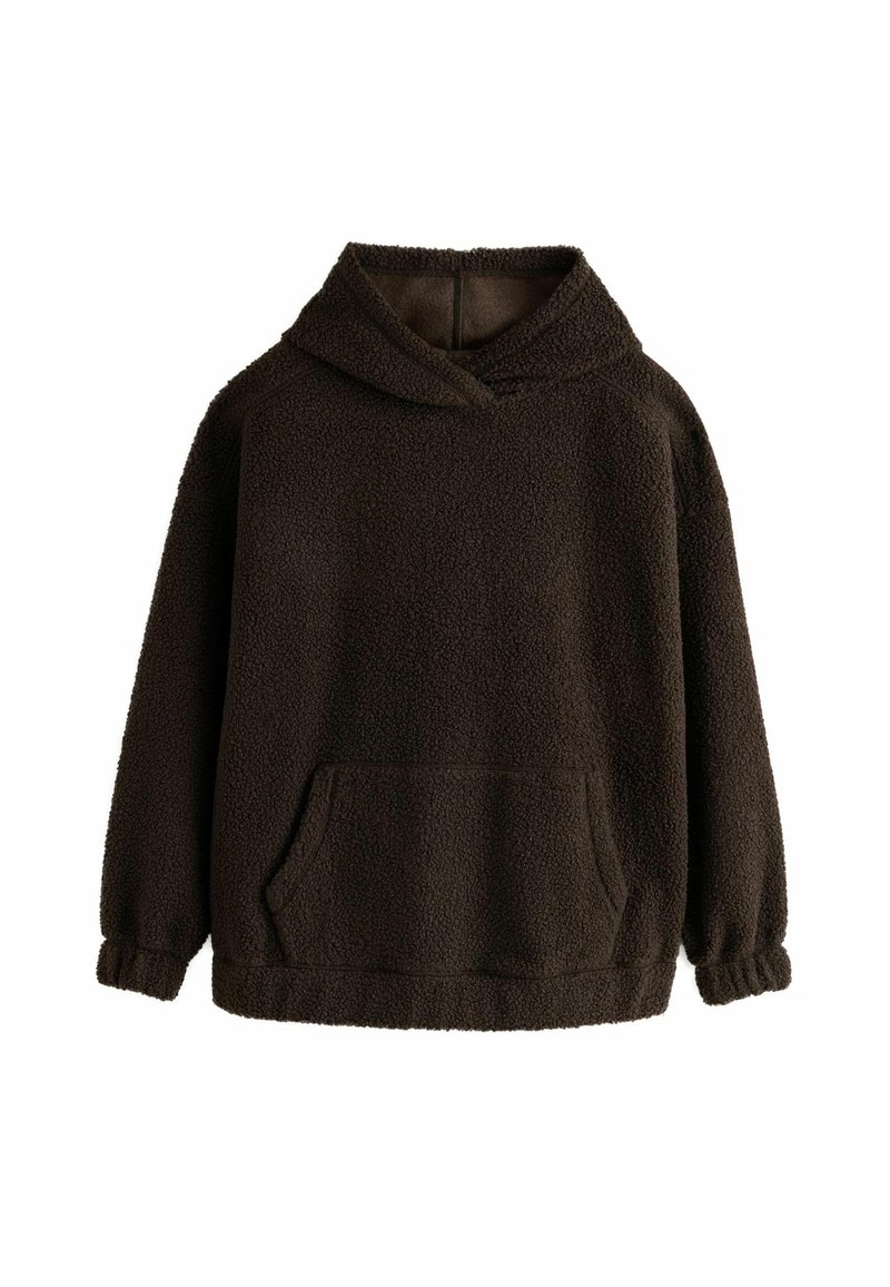 Brązowy polarowy hoodie o teksturowanej powierzchni, z długimi rękawami, przednią kieszenią i kapturem bez sznurków. Prosty, oversize'owy fason.