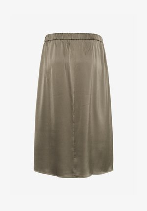 Olivgrön, knälång kjol i mjukt, flödande tyg. Har resårmidja och en enkel, rak design utan utsmyckningar.