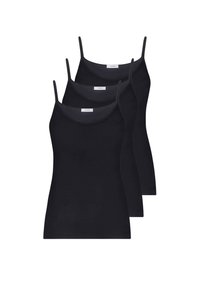 Tre canotte nere con sottili spalline regolabili, scollature rotonde e un design aderente, realizzate in un tessuto liscio ed elastico.