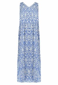Blå och vit mönstrad klänning med V-ringning, utan ärmar, samlad midja och en flödande silhuett. Har geometriska former och prickar.