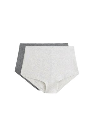 Deux paires de culottes taille haute en coton uni, une gris clair devant et une gris foncé partiellement visible derrière.