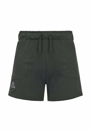 Pantaloncini casual verde scuro con vita elasticizzata e coulisse, due tasche frontali e piccolo logo bianco sulla gamba sinistra.