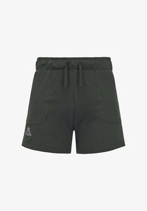 Pantaloncini casual verde scuro con vita elasticizzata e coulisse, due tasche frontali e piccolo logo bianco sulla gamba sinistra.