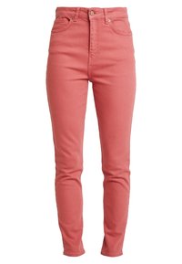 Jeans de corte slim y cintura alta en color coral, fabricados en denim de algodón. Presentan un diseño clásico de cinco bolsillos y cierre de botón metálico.