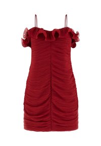 Rotes Kleid mit figurbetontem Design, versehen mit geraffter Textur, gerafftem Ausschnitt und dünnen Trägern. Glatter Stoff mit weichem Glanz.