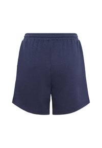 Pantaloni corti in cotone blu navy con vita elasticizzata, texture liscia e vestibilità comoda. L'orlo presenta bordi arrotondati per il massimo comfort.