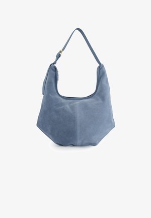 Weiche blaue Wildleder-Hobo-Tasche mit einem verstellbaren Schultergurt und einem Reißverschluss oben.
