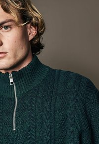 Dzianinowy sweter w ciemnozielonym kolorze, z przędzą w prążki i srebrnym zamkiem błyskawicznym. Faktura obejmuje złożone wzory w warkocze na całej powierzchni.