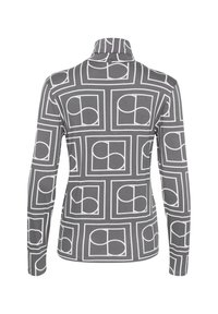Langærmet skjorte i gråt stof med et hvidt geometrisk mønster bestående af afrundede former i firkanter. Høj krave med tætsiddende pasform.