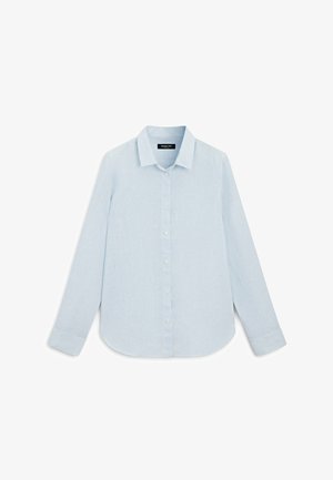 Lyseblå langærmet skjorte med knapper, krave og manchetter, lavet af et let stof.