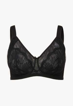 Czarny biustonosz z przezroczystymi miseczkami z siateczki, zdobionymi falbankowym koronkowym wzorem, regulowanymi ramiączkami oraz małą kokardką na środku.