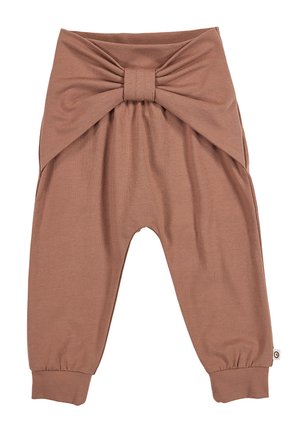 Brązowe spodnie dla dziecka z marszczonymi nogawkami i dużą ozdobną kokardą w pasie, wykonane z miękkiego, elastycznego materiału.