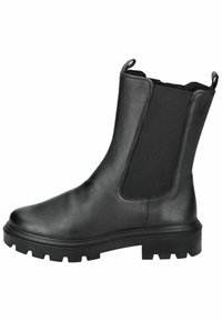 Botas negras de cuero hasta el tobillo con paneles laterales elásticos, acabado texturizado, punta redonda y suela de goma gruesa con profundos dibujos para mayor tracción.