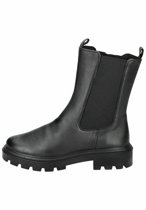 Botas negras de cuero hasta el tobillo con paneles laterales elásticos, acabado texturizado, punta redonda y suela de goma gruesa con profundos dibujos para mayor tracción.