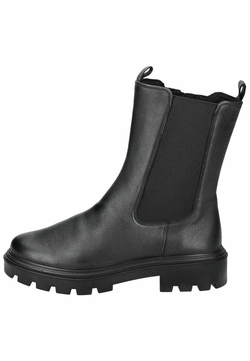 Botas negras de cuero hasta el tobillo con paneles laterales elásticos, acabado texturizado, punta redonda y suela de goma gruesa con profundos dibujos para mayor tracción.