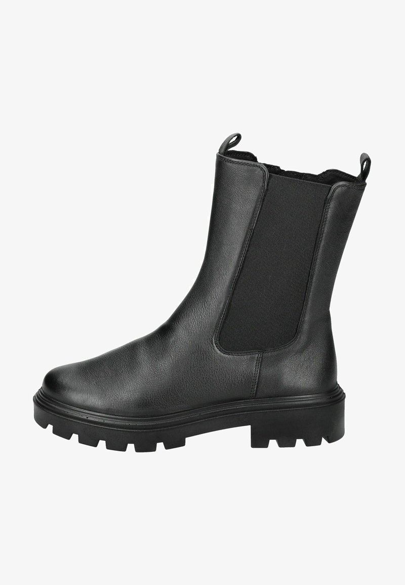 Czarne skórzane botki za kostkę z elastycznymi panelami bocznymi, strukturalnym wykończeniem, okrągłym noskiem oraz grubą gumową podeszwą z głębokim bieżnikiem dla lepszej przyczepności.