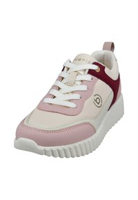 Rosa und cremefarbene Sneaker mit einer strukturierten weißen Sohle, ausgestattet mit dezenten marsala Akzenten, weißen Schnürsenkeln und einem Logo-Detail. Rundes Zehendesign.