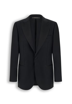 Blazer noir cintré à un bouton, avec de larges revers, une poche poitrine passepoilée et deux poches avant, présenté sur fond blanc.