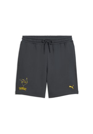 Ciemnoszare szorty z elastycznym pasem i sznurkiem, żółty Pikachu i logo Pokémon na lewej nogawce, żółte logo Puma na prawej nogawce.