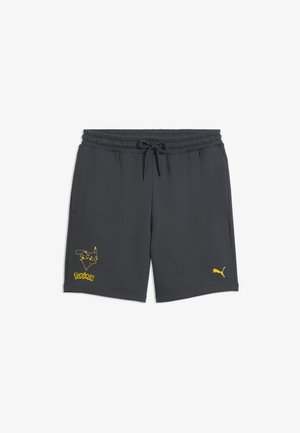 Ciemnoszare szorty z elastycznym pasem i sznurkiem, żółty Pikachu i logo Pokémon na lewej nogawce, żółte logo Puma na prawej nogawce.