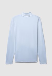 Jasnoniebieska koszula z długim rękawem z pseudokołnierzykiem, wykonana z gładkiego materiału. Posiada prosty design bez wzorów ani akcentów.