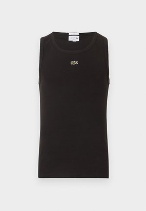 Svart ermeløs ribbestrikket Lacoste-topp med rund hals og lite grønt krokodillelogo midt på brystet.