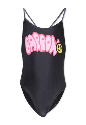 Czarny jednoczęściowy kostium kąpielowy z cienkimi ramiączkami, różowym napisem "BARROW" na piersi oraz małą żółtą buźką z kłami po prawej stronie.