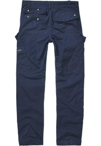 Pantalone od čvrstog materijala u mornarsko plavoj boji, s više džepova, ojačanim šavovima i ravnim krojem.